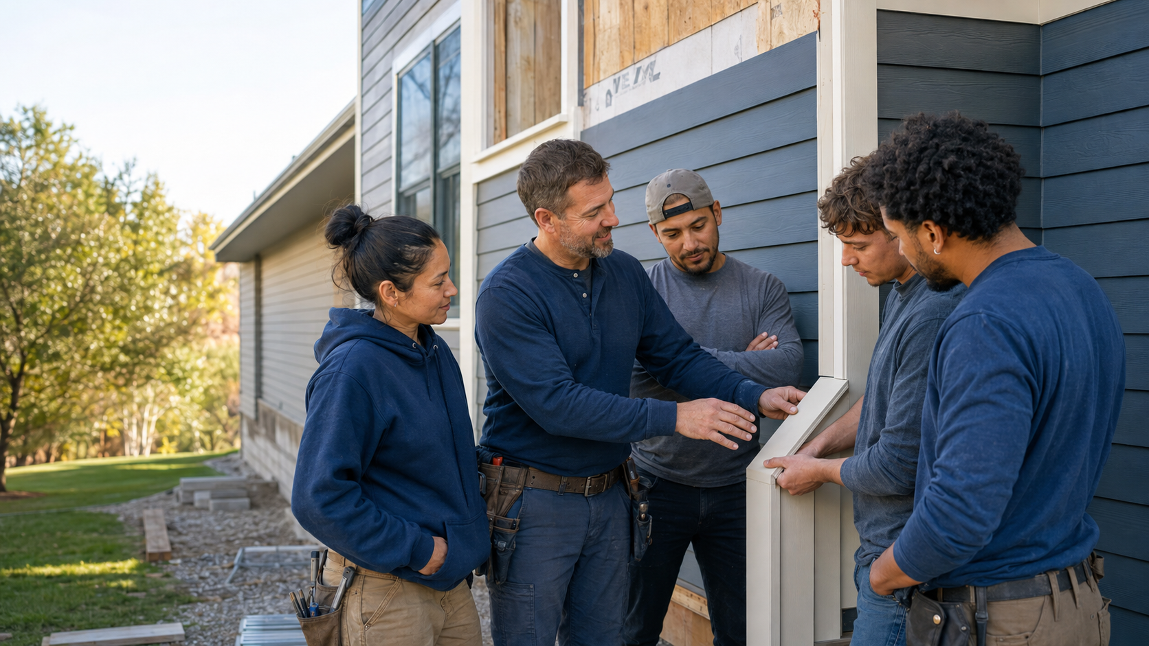 A fictional siding company owner reviewing precise work with his growing crew